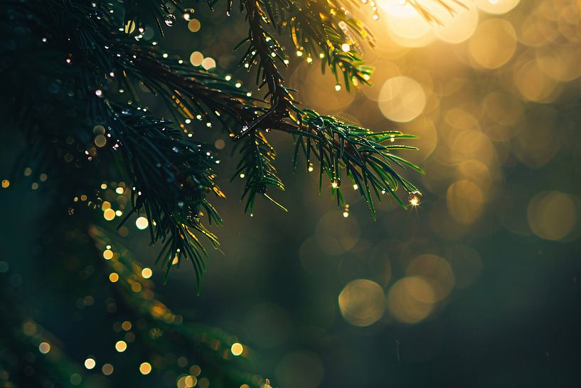 Dew on pine branch in morning sun by Imperial Art House