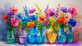 Sommer! Reihe von Vasen mit fröhlichen Blumen