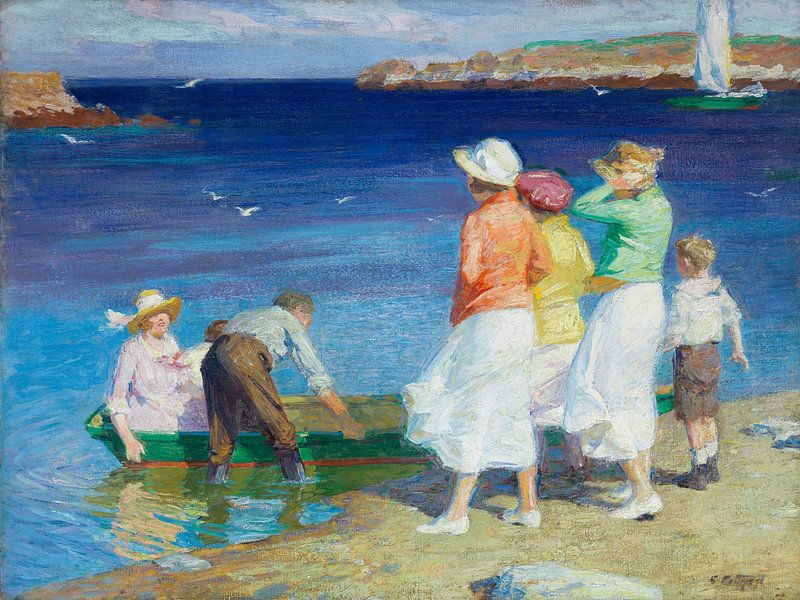 Edward H. Potthast (American, b.1857, d.1927)~A sailing party (On the way to a sailing boat) by finemasterpiece