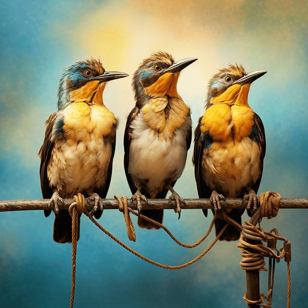 Surreal three funny birds owls perch sitting humorous by gm_designs