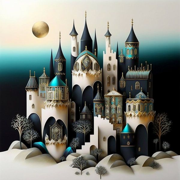 Miniature castle rock surreal white black turquoise gold by gm_designs