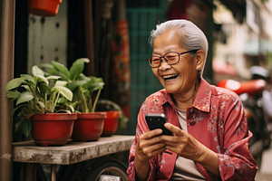 Südostasiatische ältere Frau lächelt mit Telefon auf dem asiatischen Markt