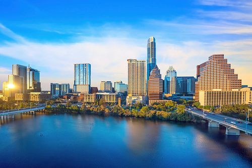 Skyline boven Lady Bird Lake, Austin, VS