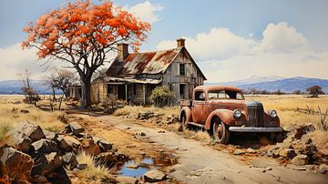 Old abandoned vintage car with farm and tree by Animaflora PicsStock