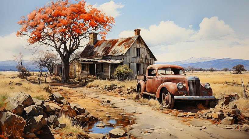 Alter verlassener Oldtimer mit Bauernhof und Baum von Animaflora PicsStock