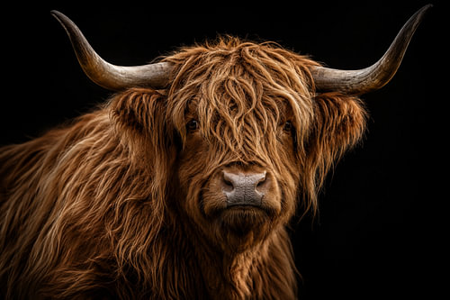Majestic Highland Cow Portrait on Dark Background