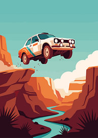 Illustration vectorielle en aplat représentant une voiture de rallye franchissant un gouffre dans un canyon désertique