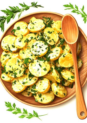 Salade de pommes de terre fraîches aux herbes dans un bowl en bois