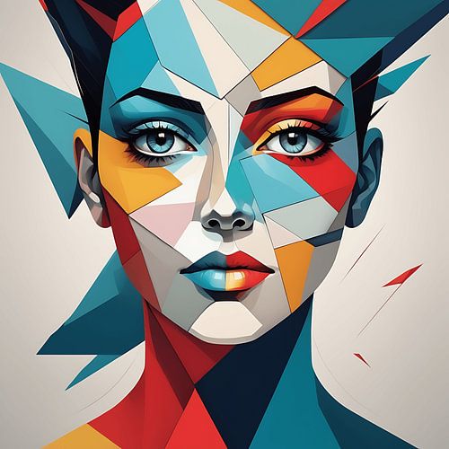 Gefragmenteerd vrouwengezicht - levendige geometrische cubase kunst in moderne abstracte stijl