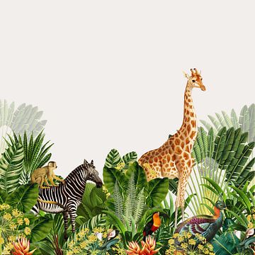 Bohemian image, botanical with jungle animals like zebra and giraffe by Studio POPPY