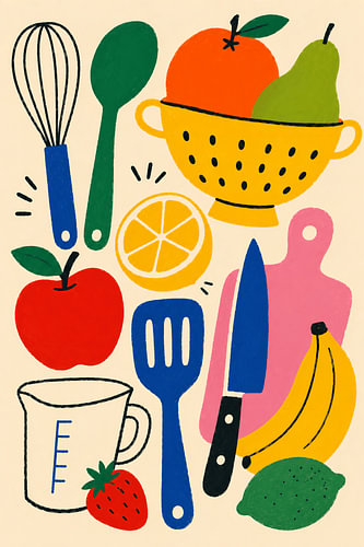 A colourful kitchen illustration featuring fruit and utensils