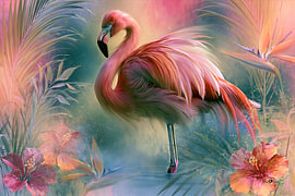 Flamant rose et fleurs tropicales