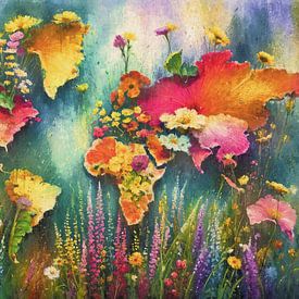 World Map of Flowers - Colourful Botanical Art by Arjen Roos