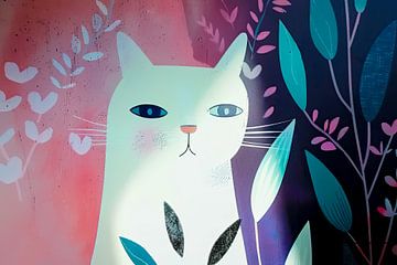 Illustratie kat met bladeren pastel kleuren van Vlindertuin Art