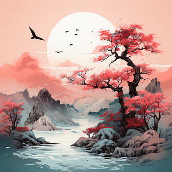 Japanische Landschaft mit Kirschbaum und Abendhimmel