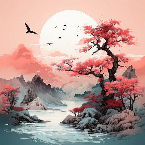 Japans landschap met kersenboom en avondlucht