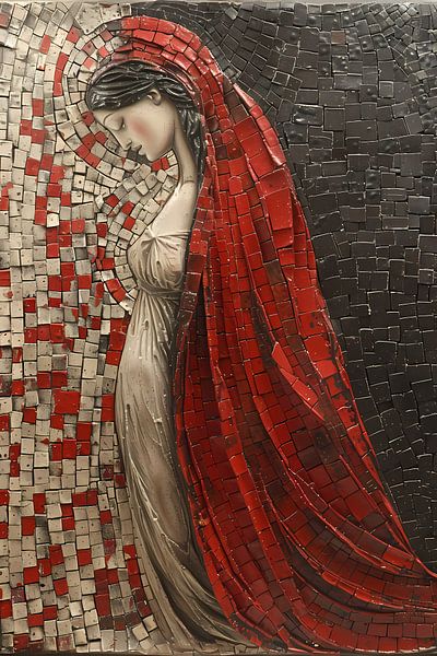 Red Veil Mosaic of an Elegant Woman by Art & Soul Creations