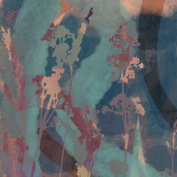 Abstract botanical art in retro vibes and pastel colors. Flowers in pink, blue and green by Dina Dankers