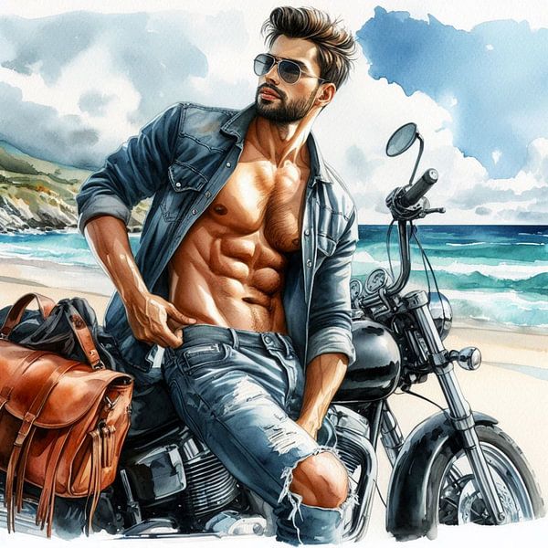 Mann mit seinem Motorrad am Strand von Bernhard Karssies