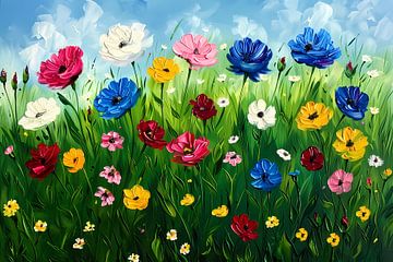Kleurrijk bloemenveld onder een blauwe lucht van De Muurdecoratie
