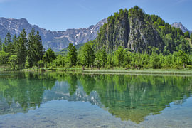 Un lac d'alpage dans lequel se reflètent les arbres verts et le ciel d'un bleu éclatant sur Tomherkules