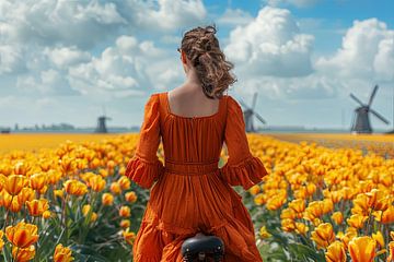 woman cycles through tulip field by Egon Zitter