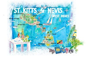 St. Kitts Nevis Antillen Illustrierte Karibik Reisekarte mit Highlights der Westindischen Inseln Tra