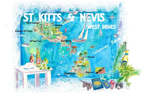 St. Kitts Nevis Antillen Geïllustreerde Caribische reiskaart met hoogtepunten van de West-Indische d