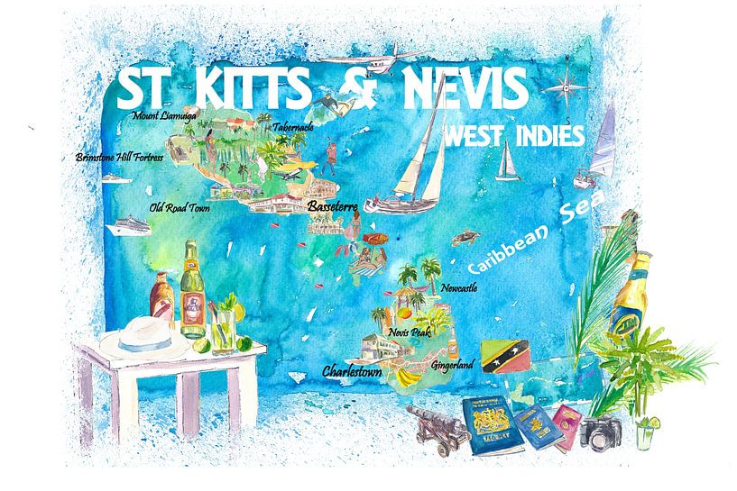St. Kitts Nevis Antillen Illustrierte Karibik Reisekarte mit Highlights der Westindischen Inseln Tra von Markus Bleichner
