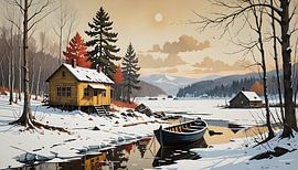 Nordic winter, winter in the north, a hut, a boat, a lake, snow-covered