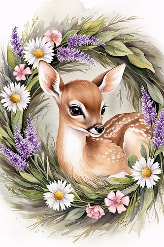 Hert met bloemenkrans aquarel