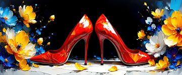 Sexy schoenen op een witte achtergrond - De elegantie van pumps en de omhelzing van bloemen: een panorama van sensualiteit, kracht en vergankelijkheid van AidasignArt