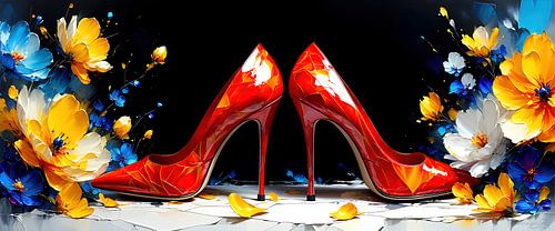 Sexy schoenen op een witte achtergrond - De elegantie van pumps en de omhelzing van bloemen: een panorama van sensualiteit, kracht en vergankelijkheid