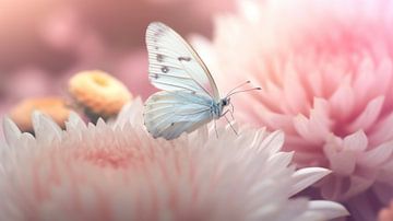 Un papillon entouré d'un doux bokeh de fleurs roses
