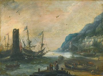 Een mediterraan kusttafereel met een toren, schepen en figuren op de kust, Andries van Eertvelt