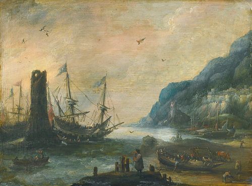 A mediterranean coastal scene with a tower, ships, and figures on the shore, Andries van Eertvelt