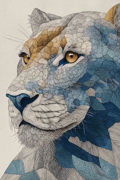 Lionne en mosaïque d'étain et de nuances de bleu