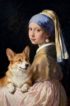 La fille à la boucle d'oreille en perle et le chien Corgi sur FRESH Fine Art