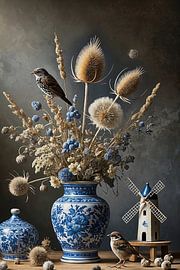 Delft Blue Still Life with Birds and Windmill by Kleurenrijk