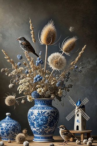 Delfts Blauw Stilleven met Vogels en Windmolen