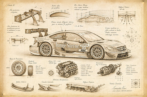 Een technische illustratie van een DTM-auto, gepresenteerd in de stijl van Leonardo da Vinci.