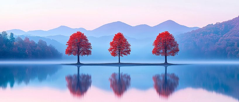 Three red trees on the lakeshore by Poster Art Shop