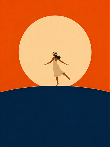Minimalist summer illustration of a woman in front of a large sun