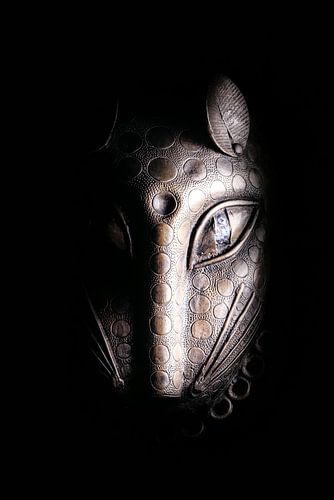 Projection au musée d'un masque de guerrier.