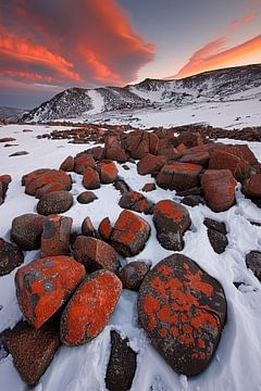 Adembenemend besneeuwd berglandschap met rode rotsen van De Muurdecoratie