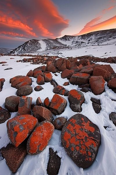 Breathtaking snow-covered mountain landscape with red rocks by Art & Soul Creations