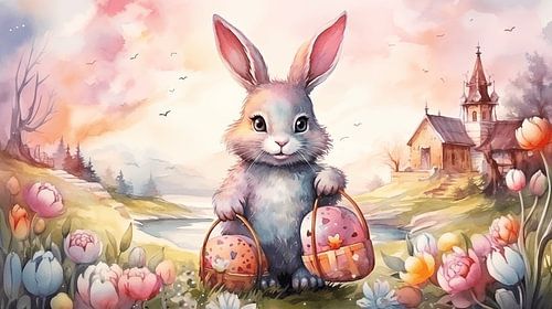 Paashaas op een lenteweide in aquarelmotief