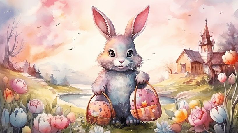 Osterhase auf einer Frühlingswiese im Wasserfarben Design von Animaflora PicsStock