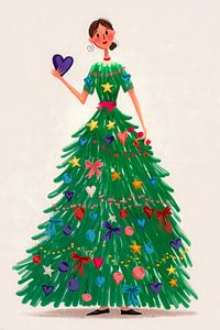 Fröhliche Weihnachten Illustration der Frau in Weihnachtsbaum Kleid