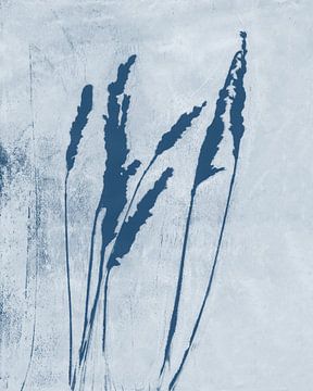 Grassprieten in retro blauw en wit. Botanische monoprint van Dina Dankers
